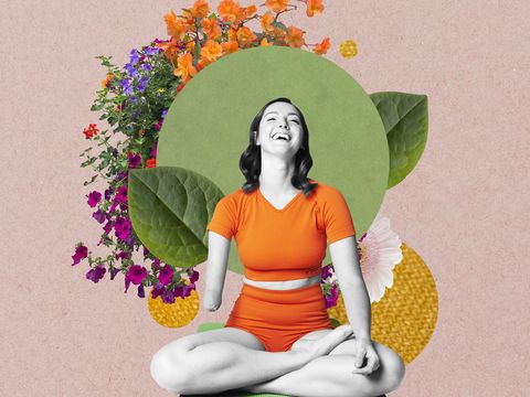 collage of woman with congenital amputee doing yoga surrounded by flowers