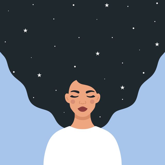 beautiful woman character with stars in her hair imagination, dreaming or harmony concept flat style vector illustration