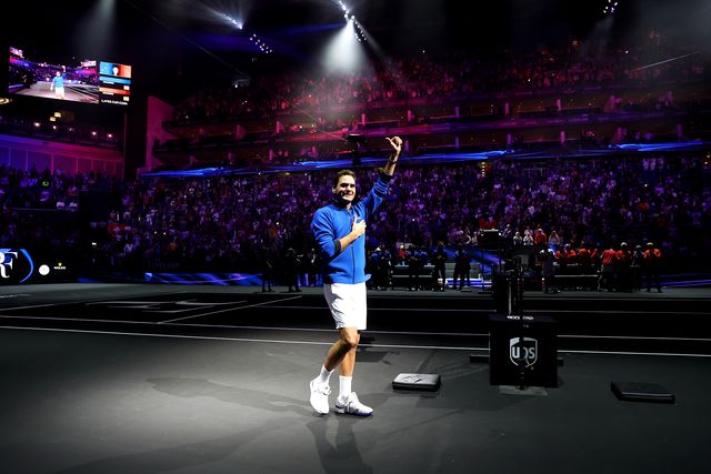 london, england   september 23 roger federer of team europe acknowledges the fans following their final match during day one of the laver cup at the o2 arena on september 23, 2022 in london, england photo by julian finneygetty images for laver cup