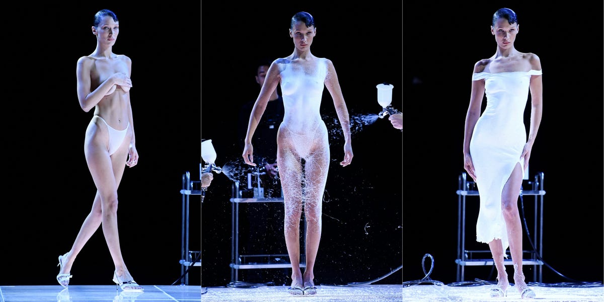Bella Hadid Had a Dress Spray-Painted on Her Bare Body at the Coperni Show in Paris
