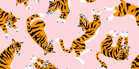 vector seamless pattern with cute tigers on the pink background circus animal  show fashionable fabric design