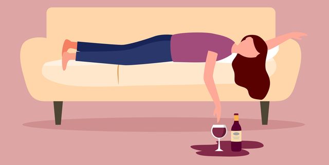 drunk woman sleeping on sofa with wine glass and alcohol bottle on the floor in flat design alcoholic character alcohol addiction