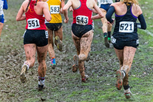 pittsburgh, pa   december 01 the pack makes its way around a very muddy and well trodden course while a cold rain comes down overhead at the division ii womens cross country championship held at coopers lake campground on december 1, 2018 in pittsburgh, pennsylvania photo by matt marriottncaa photos via getty images