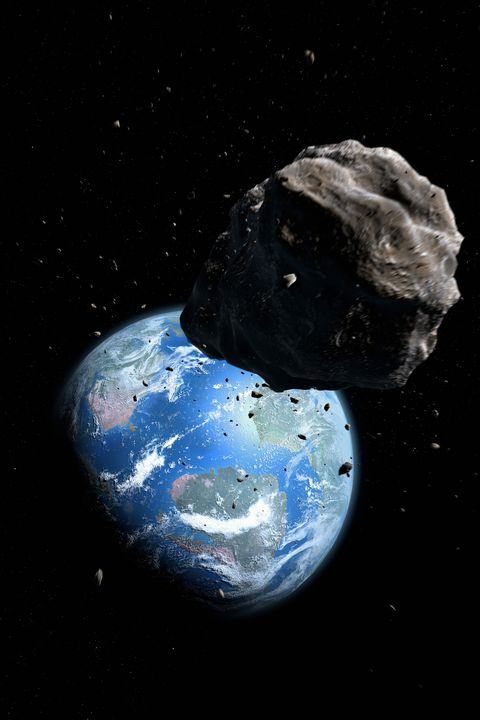 illustration of an asteroid approaching the cretaceous earth, poised to exterminate the dinosaurs near earth asteroids are a constant threat to our planet