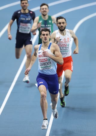 torun, poland march 05 guy learmonth of great britain competes in the mens 800 metres during the second session on day 1 of european athletics indoor championships at arena torun on march 05, 2021 in torun, poland sporting stadiums around poland remain under strict restrictions due to the coronavirus pandemic as government social distancing laws prohibit fans inside venues resulting in games being played behind closed doors photo by alexander hassensteingetty images for european athletics