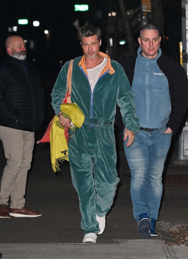 new york, new york january 24 brad pitt is seen on the set of wolves in harlem on january 24, 2023 in new york city photo by james devaneygc images