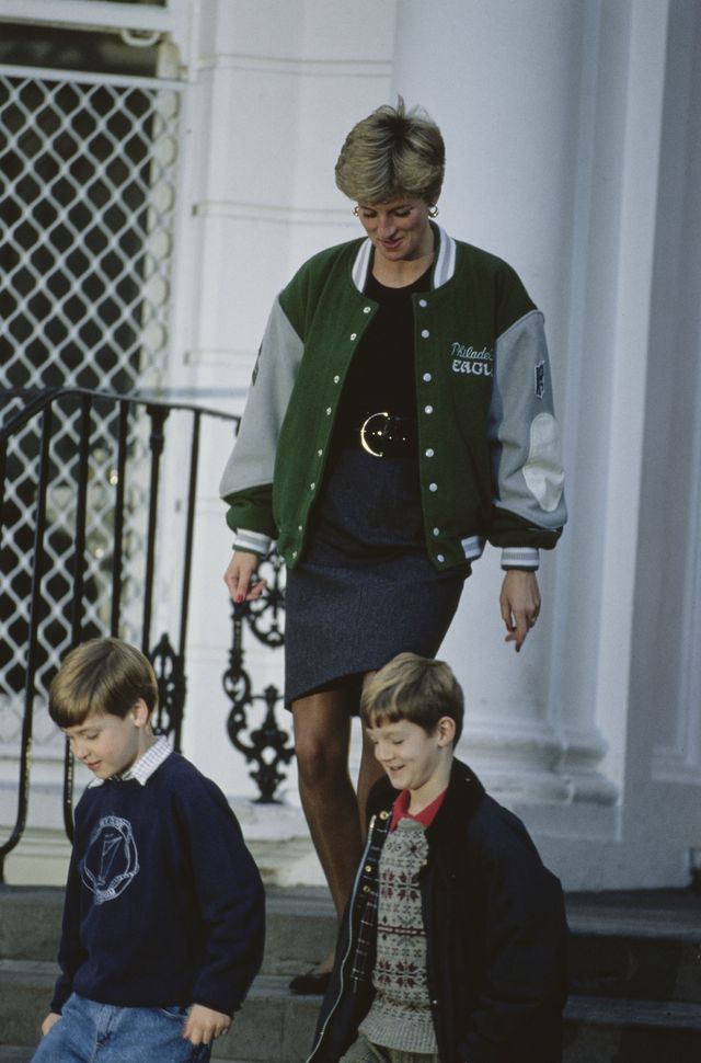 diana, princess of wales 1961 1997 wearing a philadelphia eagles jacket to drop off her son prince harry at wetherby school in london, january 1991 prince william left is leaving with her, accompanied by a friend photo by jayne fincherprincess diana archivegetty images
