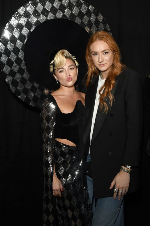 london, england february 16 florence pugh and harris reed attend the harris reed show at the tate modern on february 16, 2023 in london, england photo by dave benettgetty images for harris reed