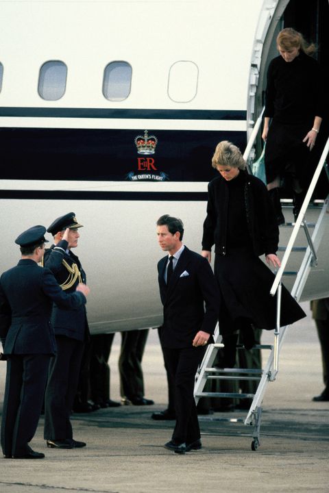 london, uk 12th march prince charles, princess diana and sarah ferguson, duchess of york, back in england with the coffin of their friend major hugh lindsay at raf northolt on 12th march 1988 in london, england major lindsay a been killed in an avalanche in klosters which nearly killed the prince photo by georges de keerlegetty images
