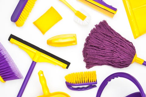 Cleaning Supplies household cleaning supplies shoot from above on white background cleaning concepts