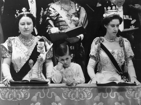 queen elizabeth queen mother and prince charles with princess margaret rose 1930   2002 in the royal box at westminster abbey watching the coronation ceremony of queen elizabeth ii   photo by topical press agencygetty images