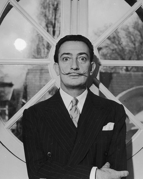 portrait of spanish surrealist artist salvador dali 1904    1989 he is wearing a pinstriped suit and his trademark mustache   photo by hulton archivegetty images