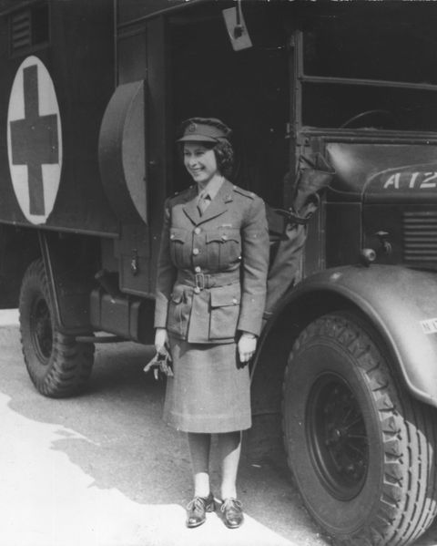 1945  princess elizabeth, standing by an auxiliary territorial service first aid truck wearing an officers uniform  photo by keystonegetty images