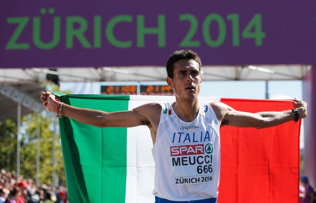 zurich, switzerland   august 17  daniele meucci of italy celebrates as he wins gold in the mens marathon during day six of the 22nd european athletics championships on the road race course on august 17, 2014 in zurich, switzerland  photo by dean mouhtaropoulosgetty images