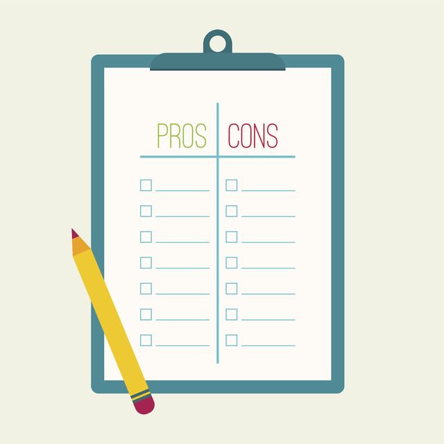 pros and cons list selection of the optimal solutions, weighing the facts clipboard and pencil flat design