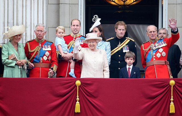 london, england   june 13  l r camilla, duchess of cornwall, prince charles, prince of wales, prince george of cambridge, prince william, duke of cambridge, catherine, duchess of cambridge, queen elizabeth ii, prince harry and prince philip, duke of edinburgh r watch the fly past from the balcony of buckingham palace following the trooping the colour ceremony on june 13, 2015 in london, england the ceremony is queen elizabeth iis annual birthday parade and dates back to the time of charles ii in the 17th century, when the colours of a regiment were used as a rallying point in battle  photo by chris jacksongetty images