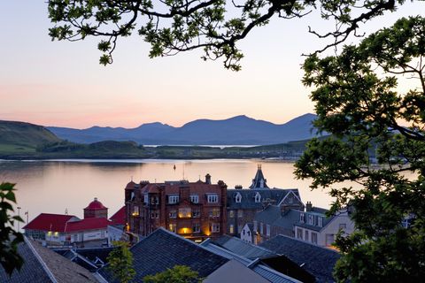 view from jacobs ladder across oban bay to the isles of kerrera and mull, dusk, oban, argyll and bute, scotland, united kingdom, europe
