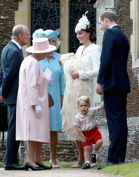 the kings of lynn, england 05 july catherine, duchess of cambridge, prince william, duke of cambridge, princess charlotte of cambridge and prince george of cambridge talk to queen elizabeth ii, prince phillip, duke of cambridge and camilla, duchess of cornwall at st mary magdalene church on the sandringham estate following the christening of princess charlotte of cambridge on 5th july 2015 in kings lynn, england photo by chris jackson wpa poolgetty images