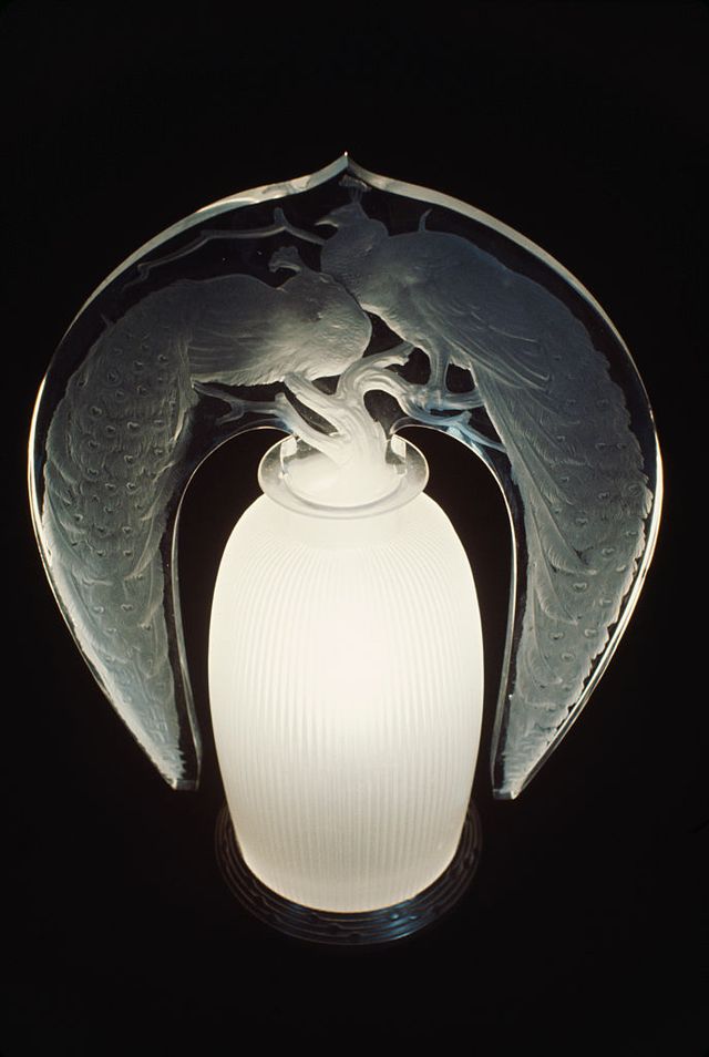 an art deco lamp surmounted by two glass peacocks, designed in 1920 by rené jules lalique photo by tony evansgetty images
