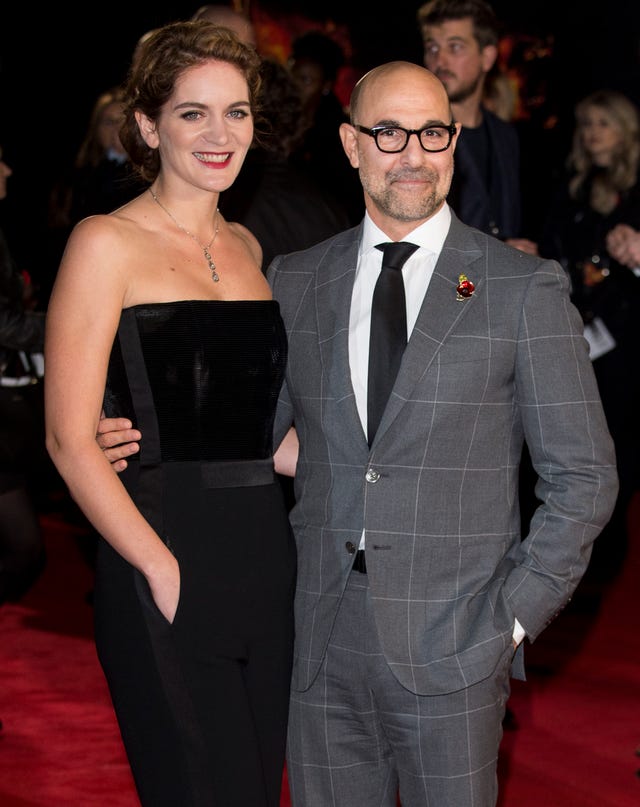 london, england november 05 stanley tucci and felicity blunt attend the hunger games mockingjay part 2 uk premiere at odeon leicester square on november 5, 2015 in london, england photo by mark cuthbertuk press via getty images