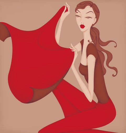 beautiful woman holding red cape posing as taurus