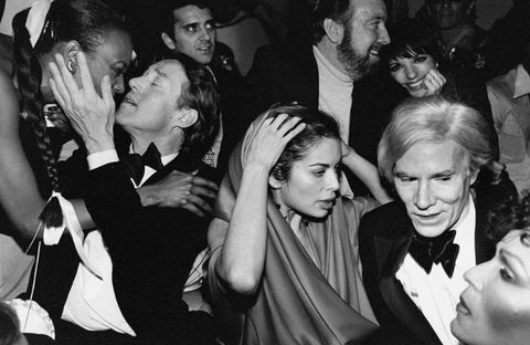 celebrities during new years eve party at studio 54 l r halston, bianca jagger, jack haley, jr and wife liza minnelli and andy warhol    photo by robin platzergetty images