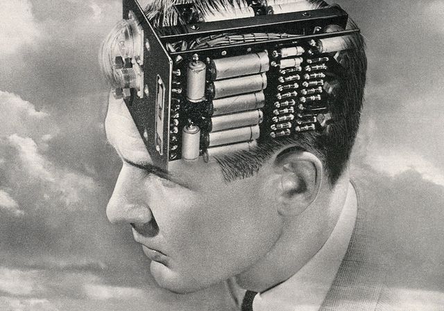 creative engineering, vintage illustration of the head of a man with an electronic circuit board for a brain, 1949 screen print illustration by graphicaartisgetty images