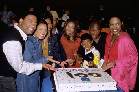 actress brandy center, orange sweater, star of upns moesha and her castmates william allen young, yvette wilson, shar jackson, ray j, marcus t paulk, lamont bentley, and sheryl lee ralph celebrate the 100th episode of the comedy series  photo by getty images