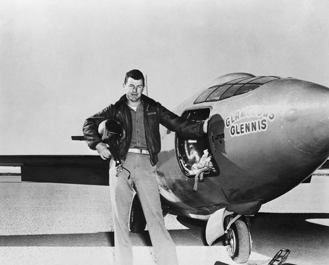 original caption 1949 captain charles yaeger besides bell x 1 after first powered take off of supersonic plane