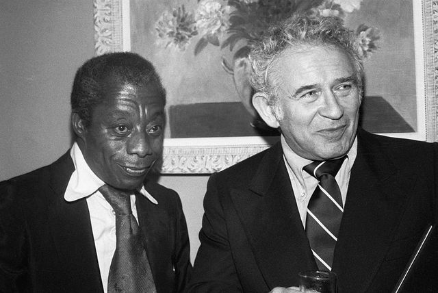 original caption 9131978 new york,ny  authors james baldwin l and norman mailer r at a reception of the american civil liberties union in new york city on monday evening avowing their support for first amendment free speech rights guaranteed under the constitution while under heavy fire for upholding nazi rights to speak at skokie, illinoisat tonights ceremonies,at the private residence on new yorks east side,aclu board chairman norman dorsen honored a number of artists and writers with special freedom of speech awards