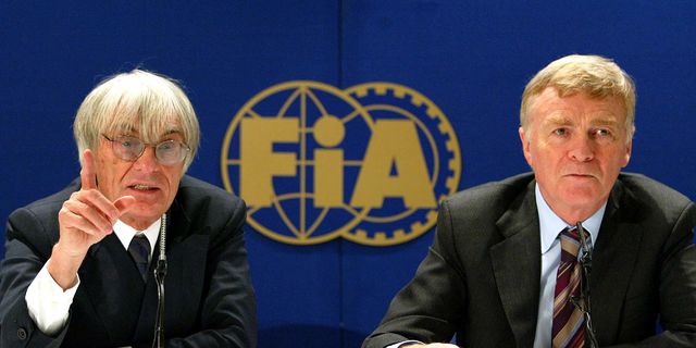 london, united kingdom  formula 1 boss bernie ecclestone l and fia president max mosley addresses the media during a press conference in west london 28 october 2002formula 1 executives met in london to lay out the rules of the 2003 formula 1 season afp photoodd andersen photo credit should read odd andersenafp via getty images