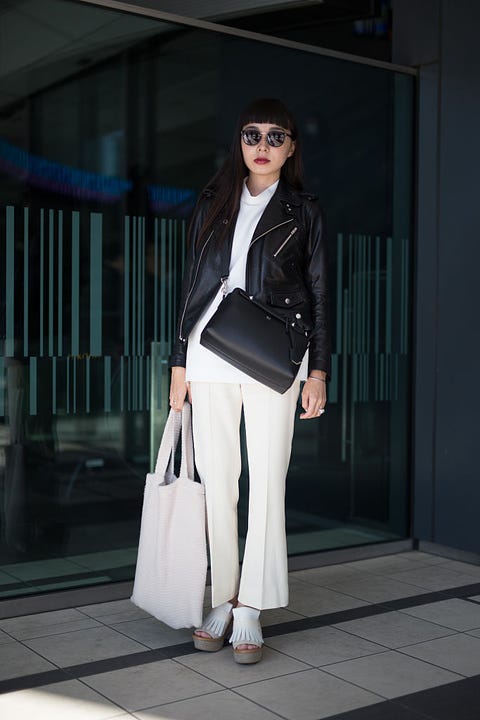 White, Clothing, Street fashion, Leather, Fashion, Leather jacket, Jacket, Snapshot, Black-and-white, Shoulder, 