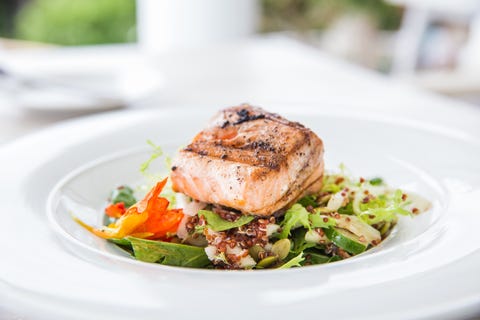 Healthy grilled salmon fish and vegetables