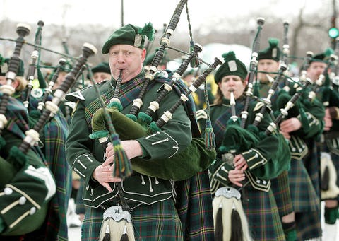 chicago   march 12  bagpipe members of the shannon rovers pipe band are seen in the st patricks day parade march 12, 2005 in chicago, illinois chicago is celebrating st patricks day with its 50th annual parade  photo by tim boylegetty images