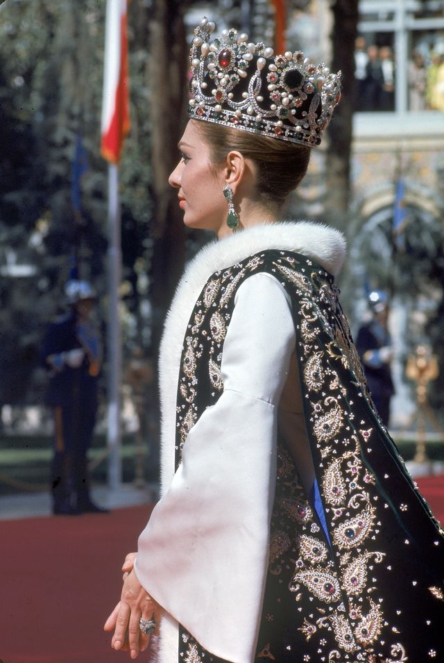 iran   october 1967  empress farah wearing her new crown leaving coronation ceremony of her husband shah mohammed reza pahlevi  photo by carlo bavagnolithe life picture collection via getty images
