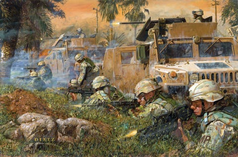 Amerikan askerleri Iraklı isyancılara ateş ediyor amerikan tankları ve askerleri yol kenarındaki bir saldırının ardından isyancı keskin nişancılara ateş ediyor, salman pak, iraq, 20 mart 2005 tuval üzerine yağlıboya, dietz photo by vcg wilsoncorbis via getty images