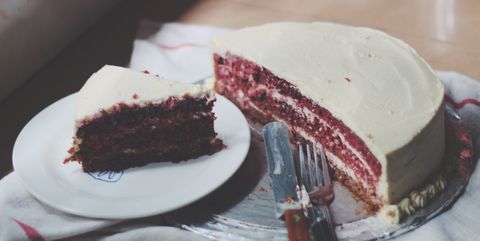 Red Velvet Cake With Cake Server And Fork Served On Table