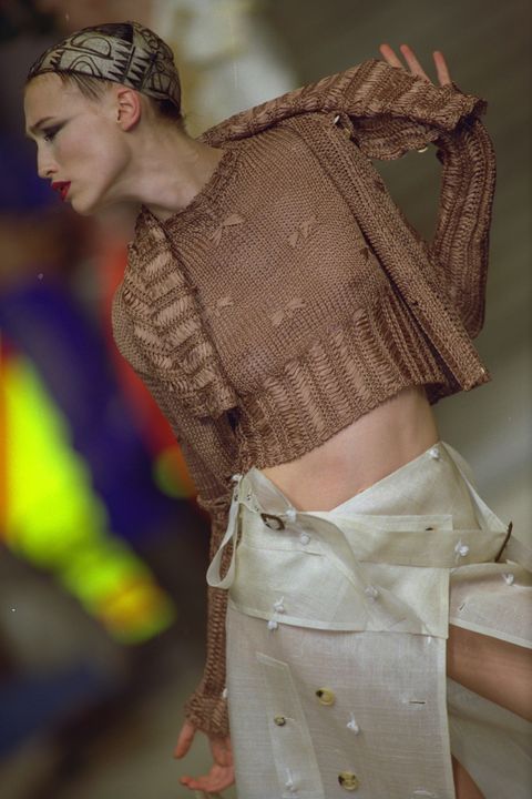 original caption split skirt with knit sweater photo by thierry orbansygma via getty images