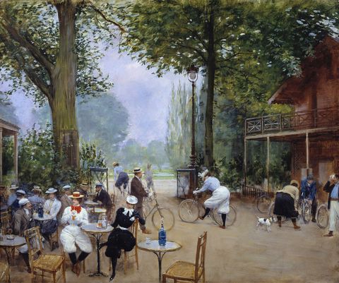 the chalet du cycle in the bois de boulogne break of the cyclists in the wood, belle epoque painting by jean beraud 1849 1935, 1900 carnavalet museum, paris photo by leemagecorbis via getty images