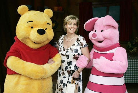 sophie countess of wessex joins winnie the pooh and piglet among storybook characters at the childrens party at the palace, a childrens literacy garden party hosted by the queen to celebrate her 80th birthday at buckingham palace