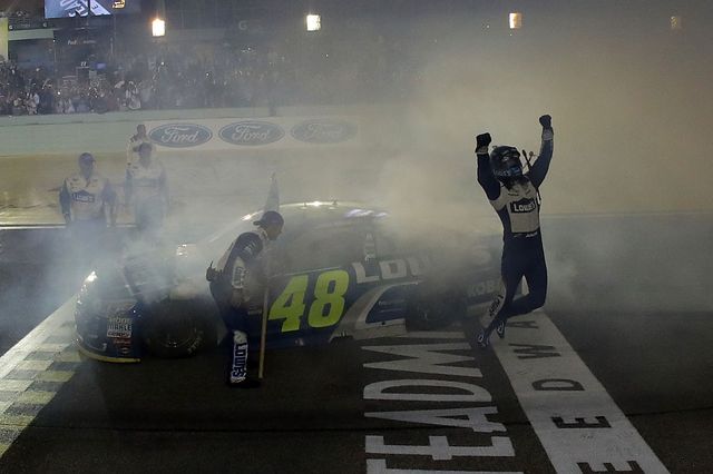 homestead, fl   november 20  jimmie johnson, driver of the 48 lowes chevrolet, celebrates after winning the nascar sprint cup series ford ecoboost 400 and the 2016 nascar sprint cup series championship at homestead miami speedway on november 20, 2016 in homestead, florida johnson wins a record tying 7th nascar title  photo by sarah crabillgetty images
