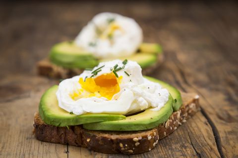 Wholemeal bread slices with sliced avocado and poached eggs on wood