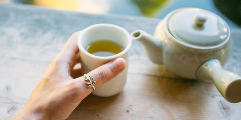cropped hand holding green tea cup by teapot on table