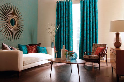 Curtain, Living room, Interior design, Room, Window treatment, Blue, Turquoise, Furniture, Window covering, Green, 