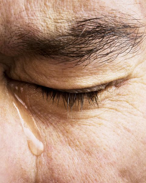 Man crying, close-up of eye and tear