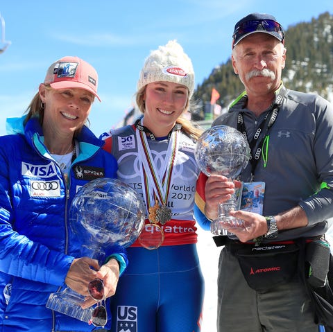 2017 Audi FIS Ski World Cup Finals - Ladies' Giant Slalom & Mens' Slalom aspen, co march 19 eileen shiffrin, mikaela shiffrin and jeff shiffrin pose with the globes for being awarded the overall season ladies champion and lasies season slalom champion at the 2017 audi fis ski world cup finals at aspen mountain on march 19, 2017 in aspen, colorado photo by tom penningtongetty images