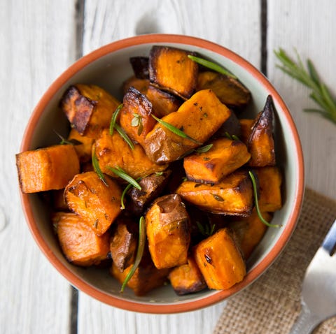 Directly Above Shot Of Roasted Sweet Potatoes Served In Bowl Directly Above Shot Of Roasted Sweet Potatoes Served In Bowl