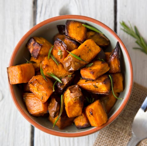 Directly Above Shot Of Roasted Sweet Potatoes Served In Bowl