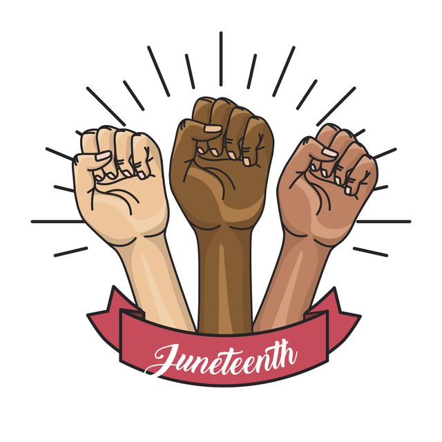 hands fist up with ribbon to celebrate juneteenth freedom