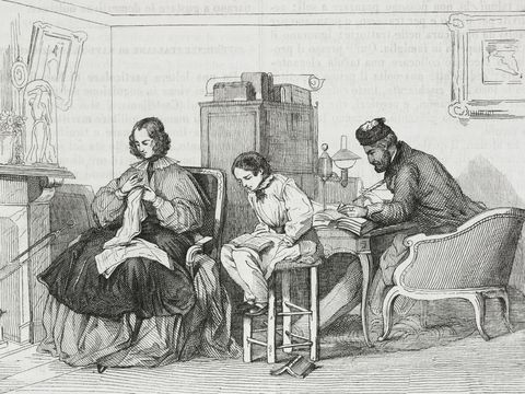 Hearth corner, family scene, engraving from Lalbum, giornale letterario e di belle arti, June 24, 1843, Year 10